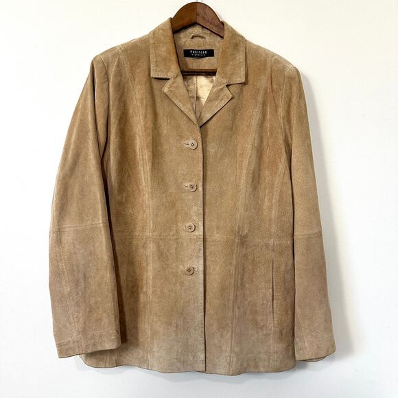 Parisian Signature Jackets & Blazers - Vintage Suede Leather Blazer Jacket Tan Parisian Signature Large Relaxed 90s